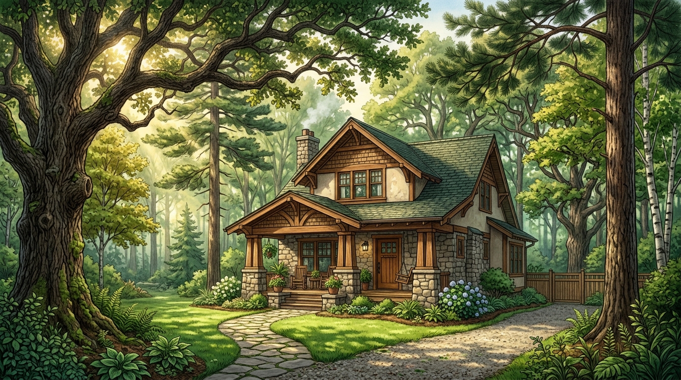 Hand-drawn Wisconsin forest and craftsman home with towering oak and pine trees